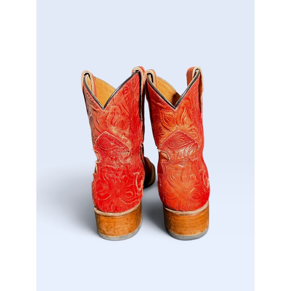 Vintage Dan Post Red Tooled Leather Cowboy Boots Women 7.5 M Square Toe Western - Picture 6 of 12